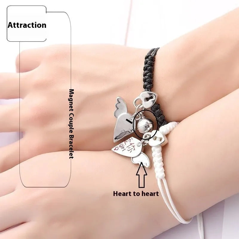 Magnetic couple bracelet pair with alloy electroplating in various designs including clover and crown patterns