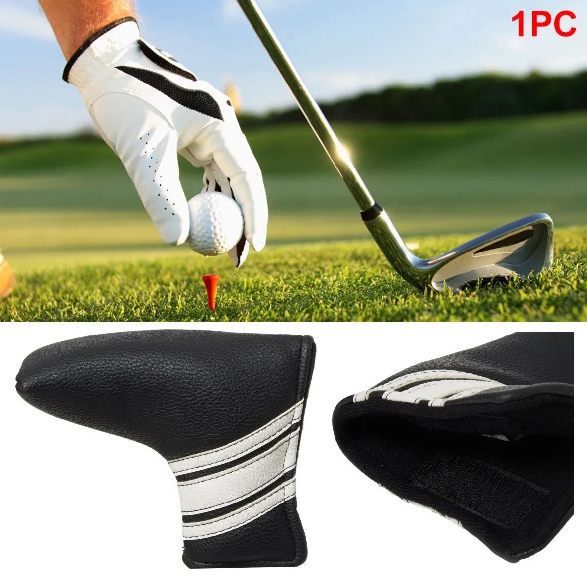 Black PU leather golf head cover case with zippered closure for push rod protection