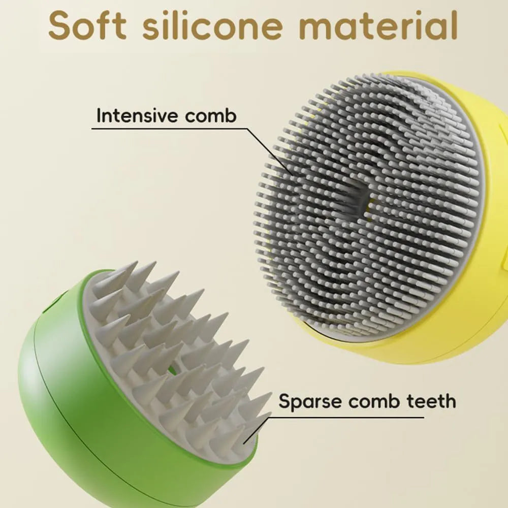 Rechargeable green and yellow silicone steam brush for cat and dog grooming.