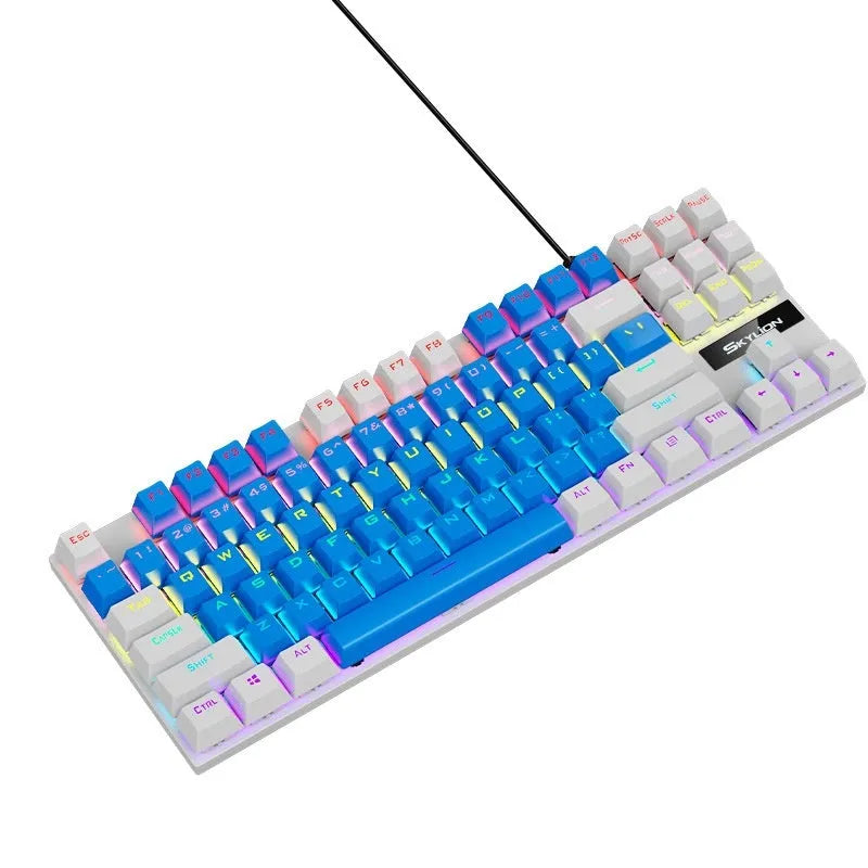 K87 mechanical wired keyboard with metal frame shown in blue white colour with green mechanical switches.
