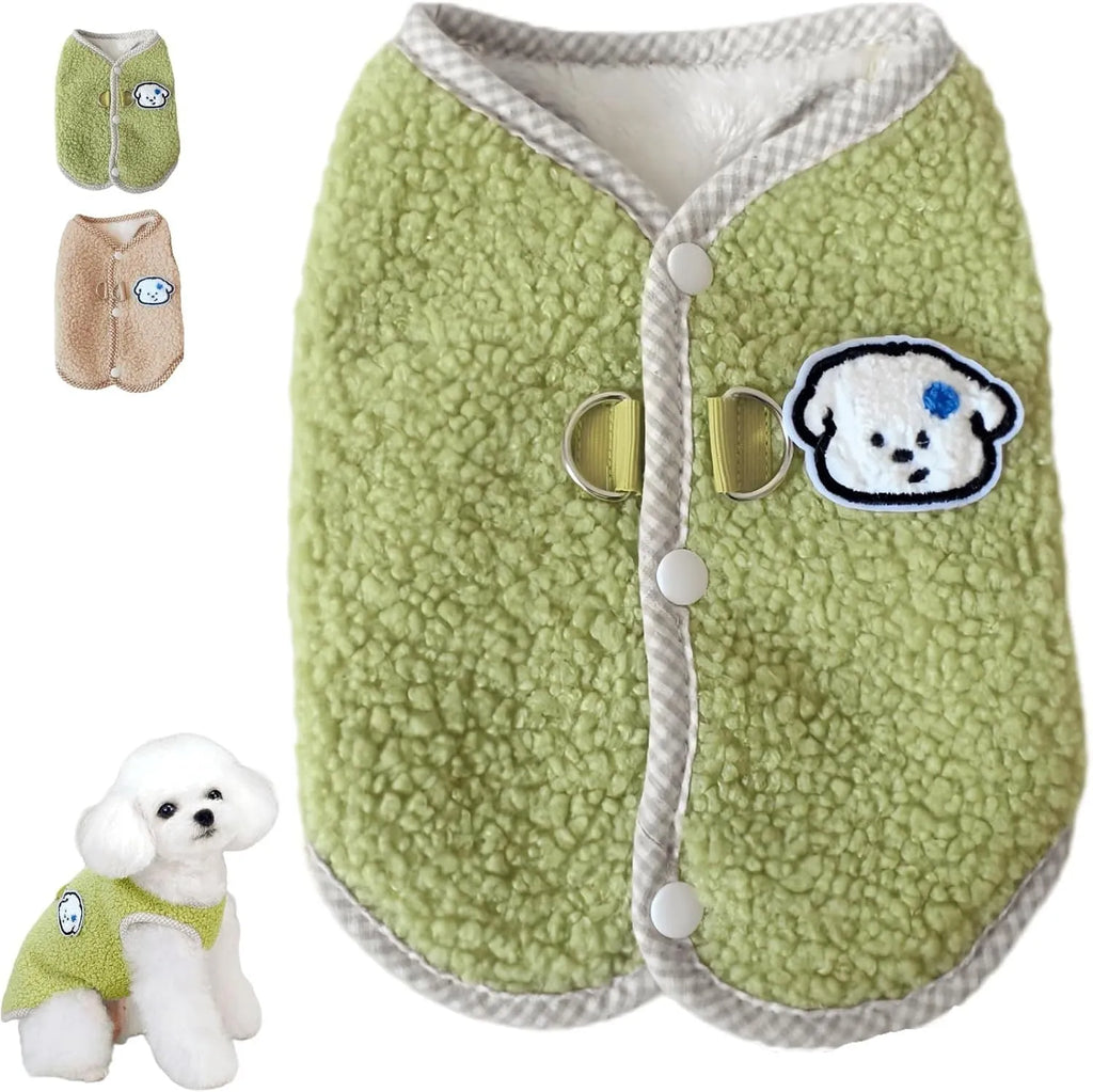 Green thickened coral fleece dog vest with a metal leash ring on the back, sized for a small dog.