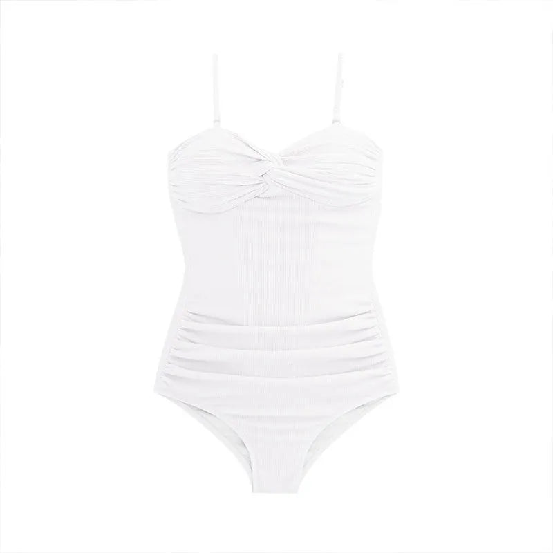 Women's black high-waisted one-piece swimsuit with removable shoulder straps on a mannequin.