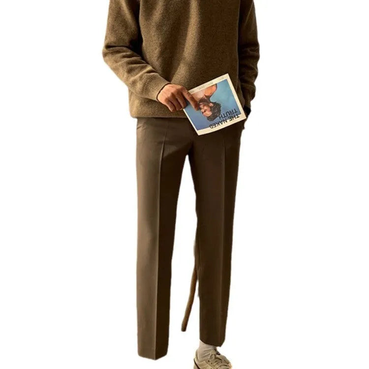 Men's loose lapel polo sweater in beige, polyester long sleeve pullover, available in multiple sizes