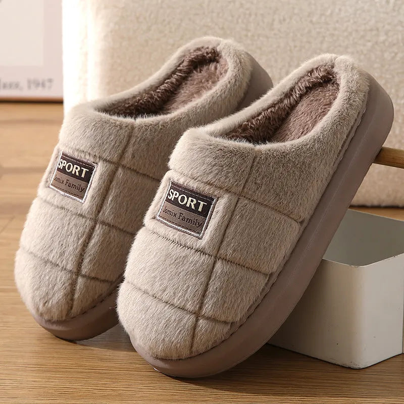 Men's plaid rabbit hair slippers with artificial wool lining and EVA soles