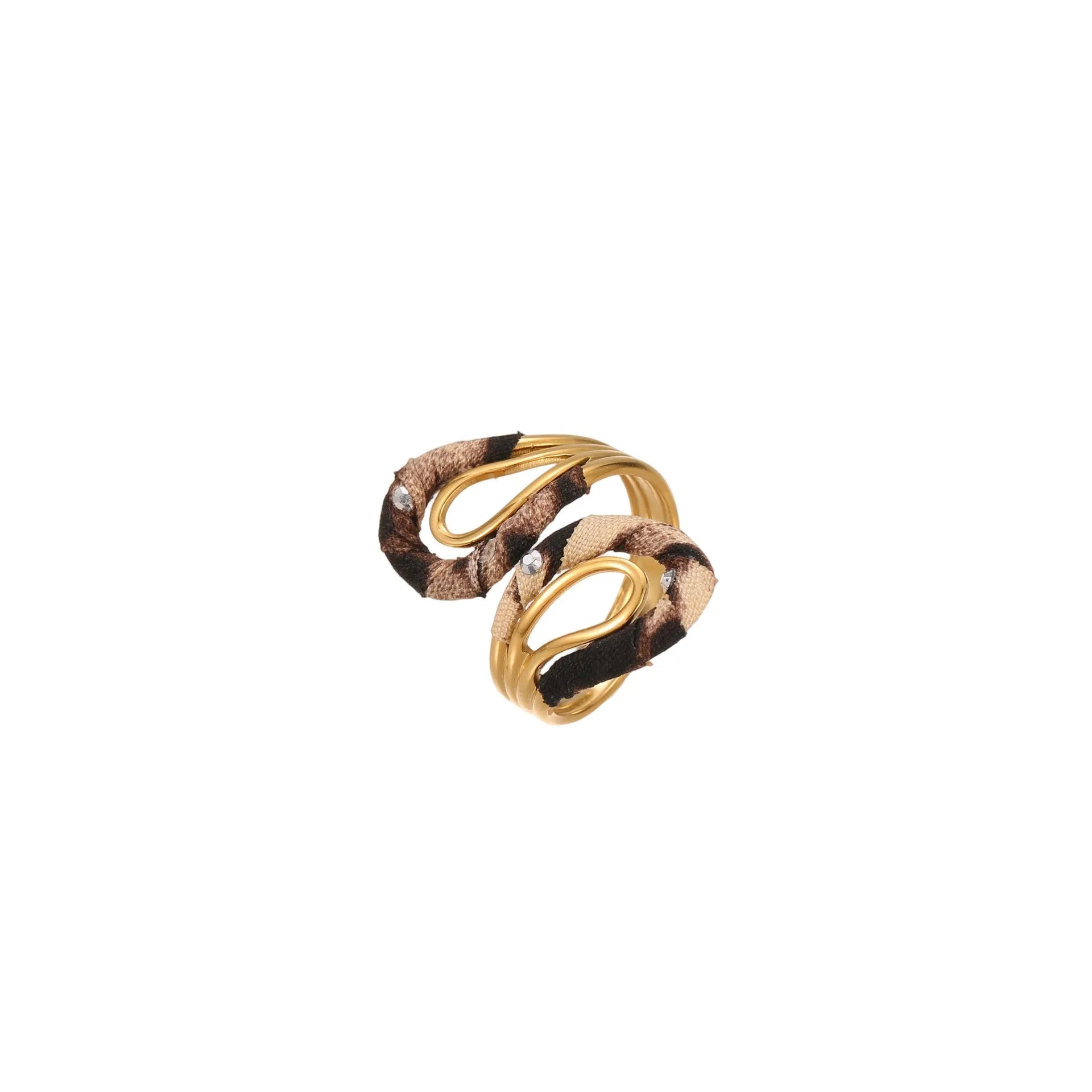 Geometric stainless steel open mouth ring with leopard print patterns in heart and star shapes