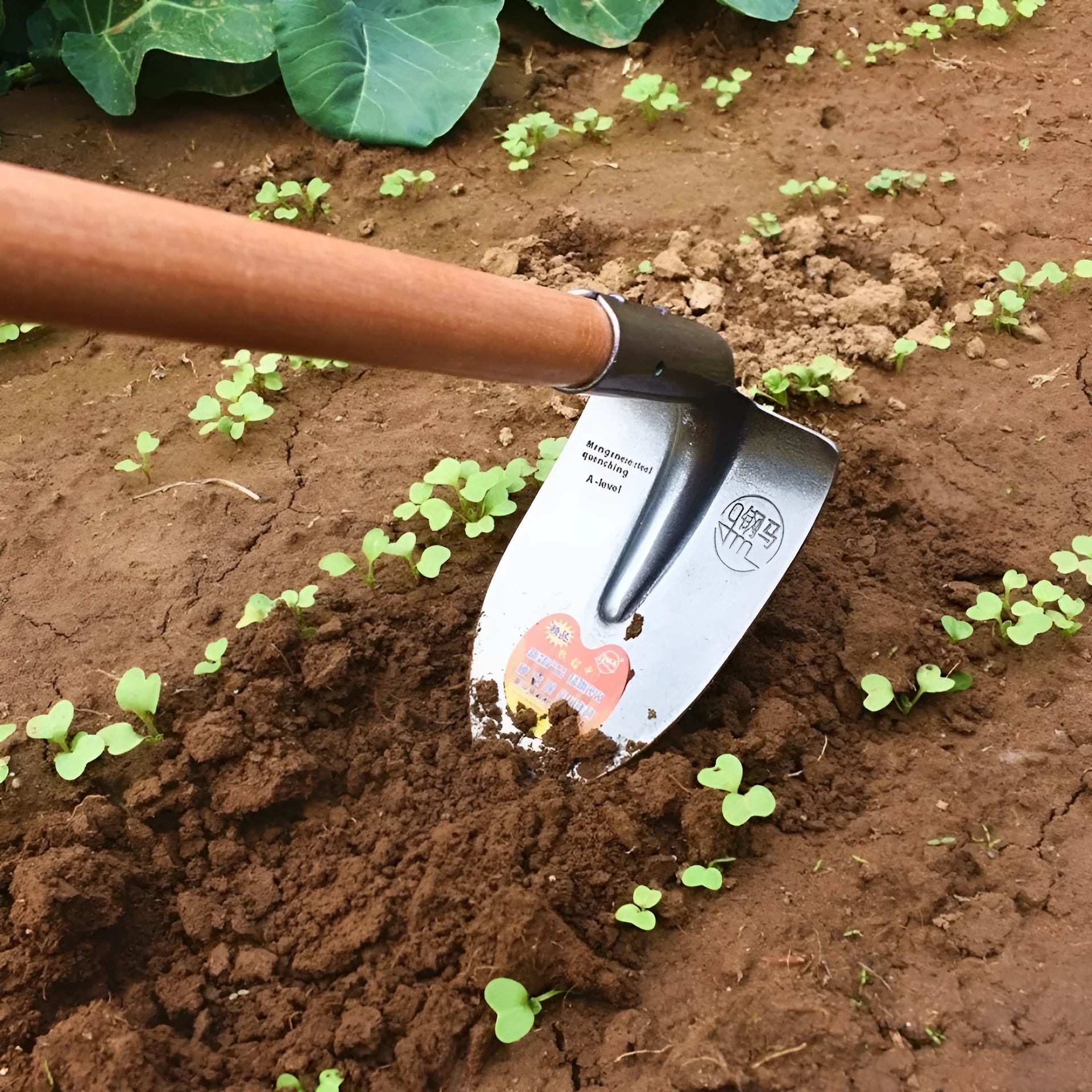 Agricultural flat hoe with a pointed steel horse tip, made from manganese and stainless steel.