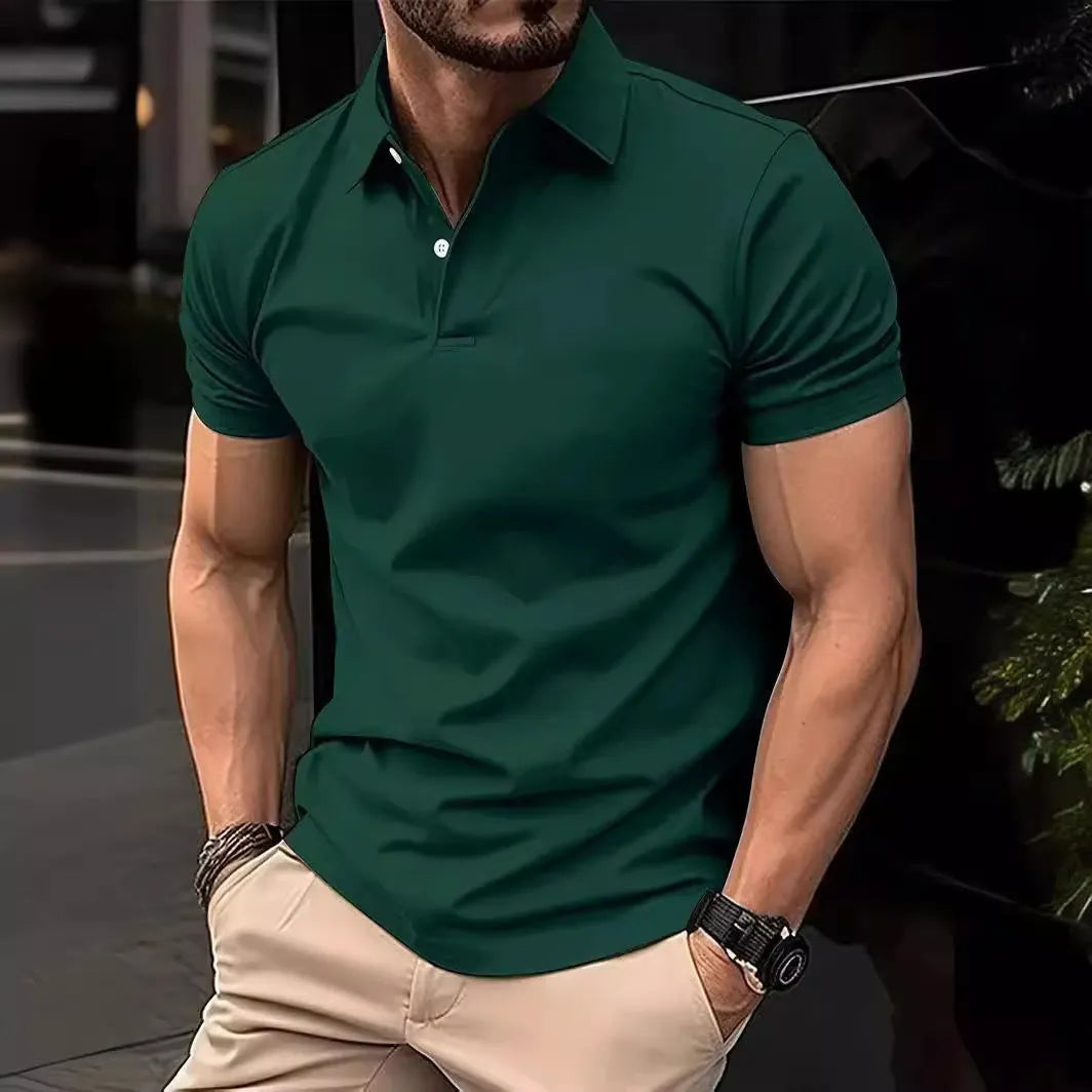 Men's slim fit solid colour short sleeve casual shirt with button front in cotton polyester fabric