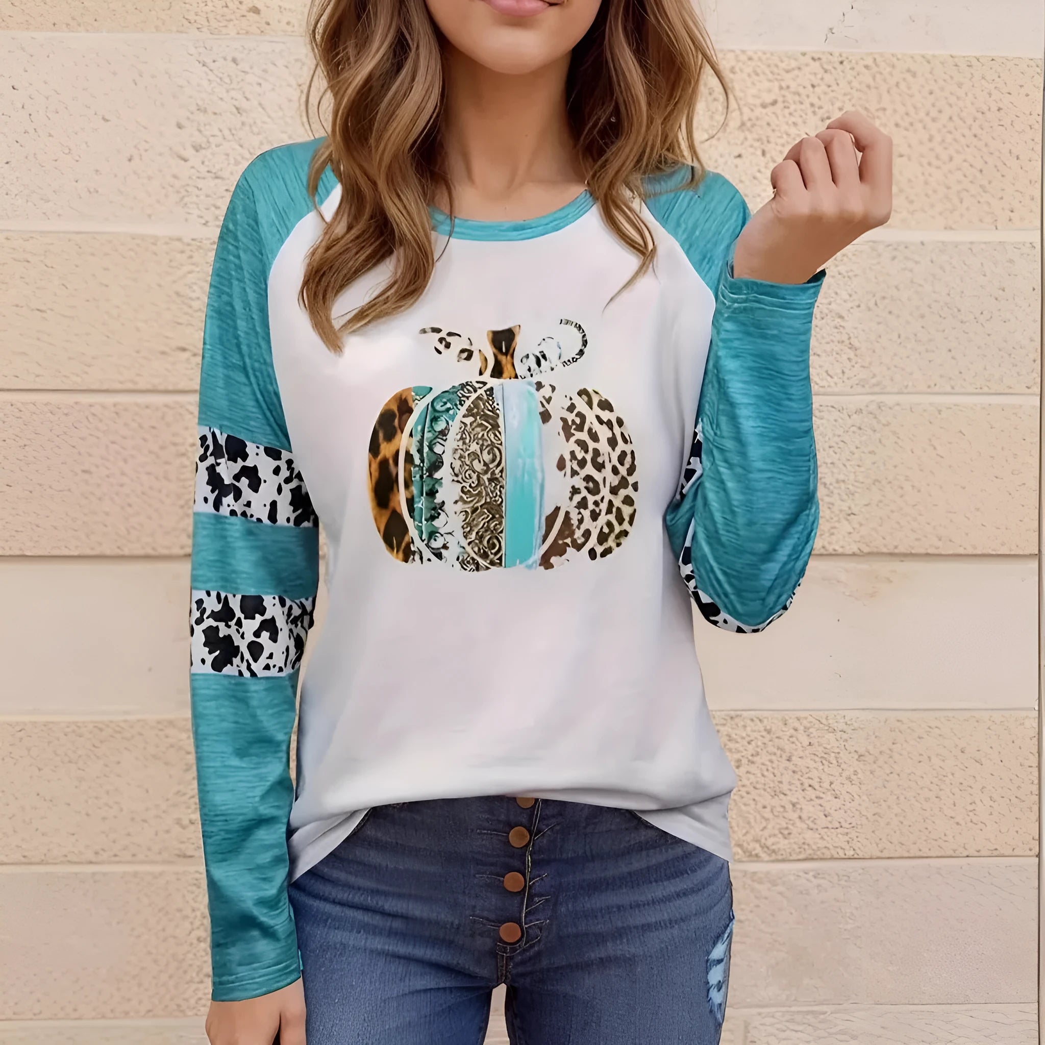 White Halloween T-shirt with 3D printed pumpkin graphic in sky blue, long sleeves