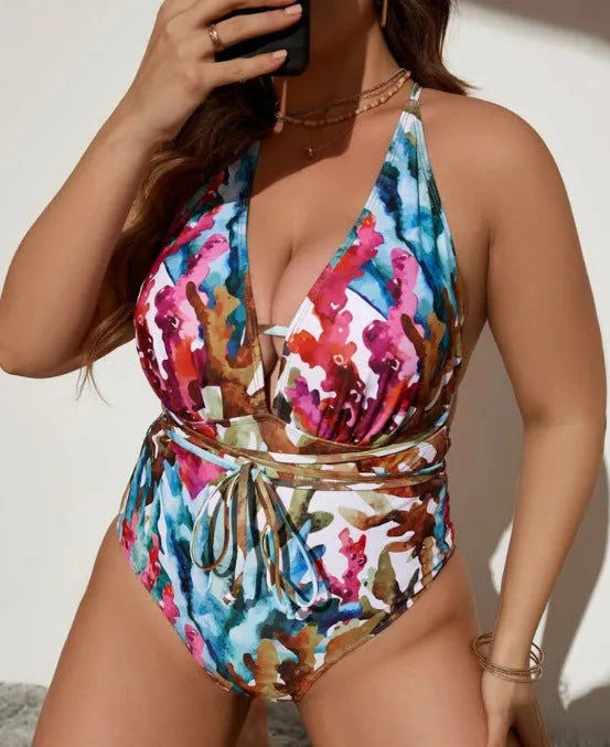 Solid colour halter neck one-piece bikini swimsuit for women in blue or purple