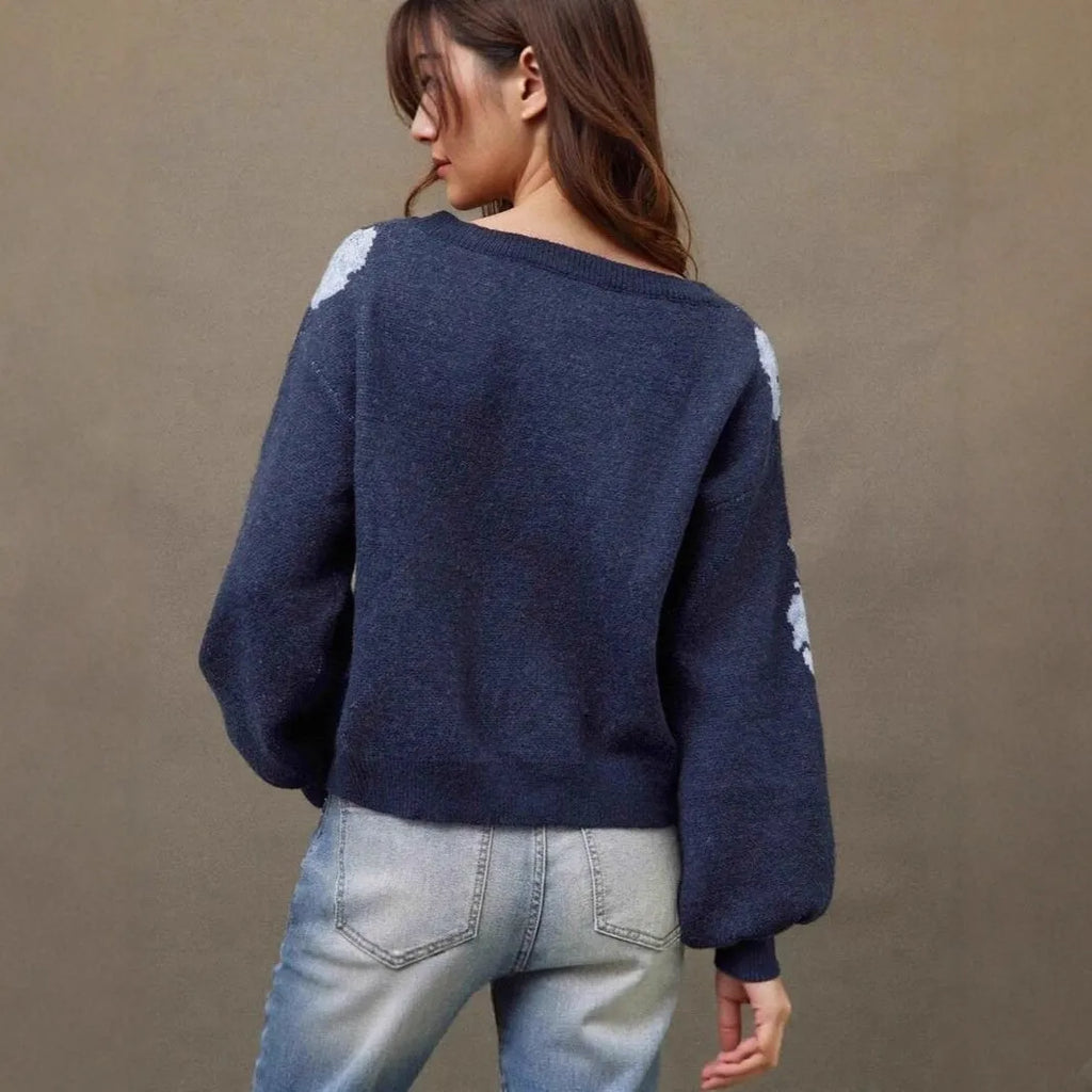 Sapphire blue women's pullover with floral jacquard pattern and loose casual fit
