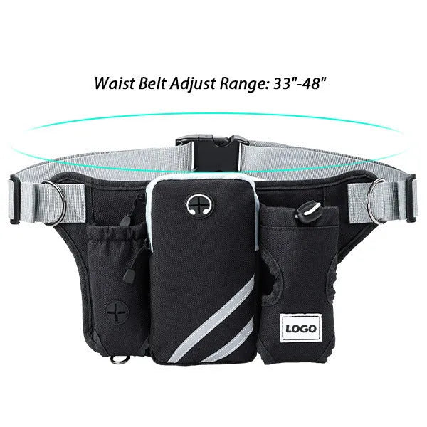 Black nylon dog walking waist bag with attached leash and collar for outdoor training