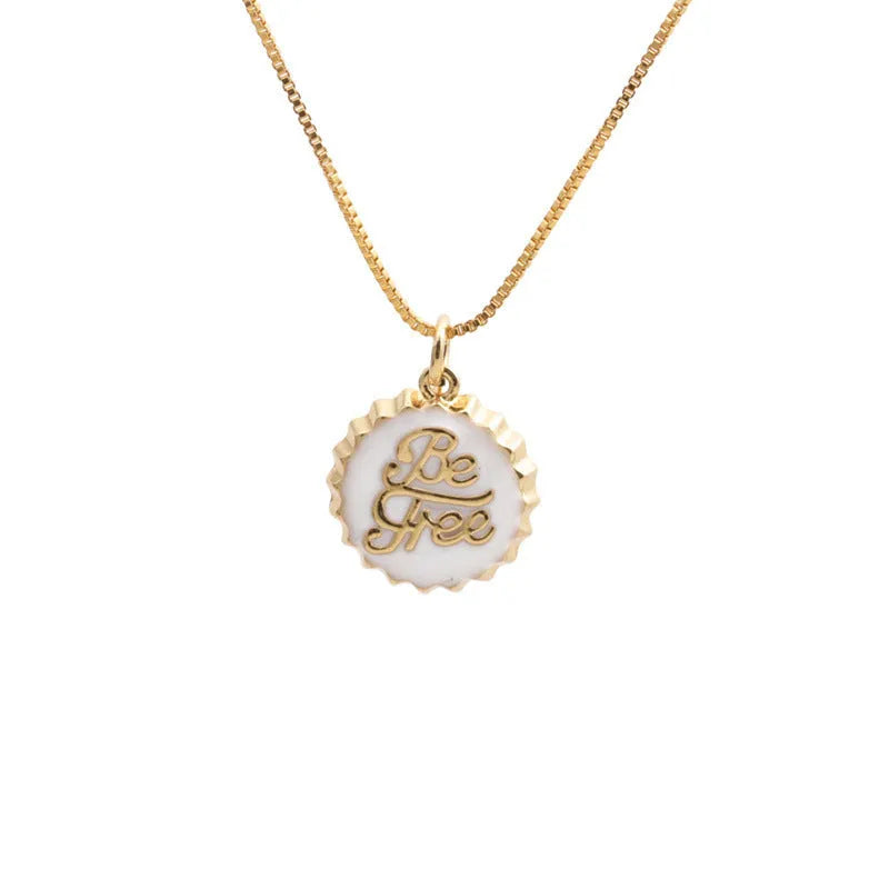 Copper bottle cap pendant necklace on a 40cm box chain with 18K gold electroplating.