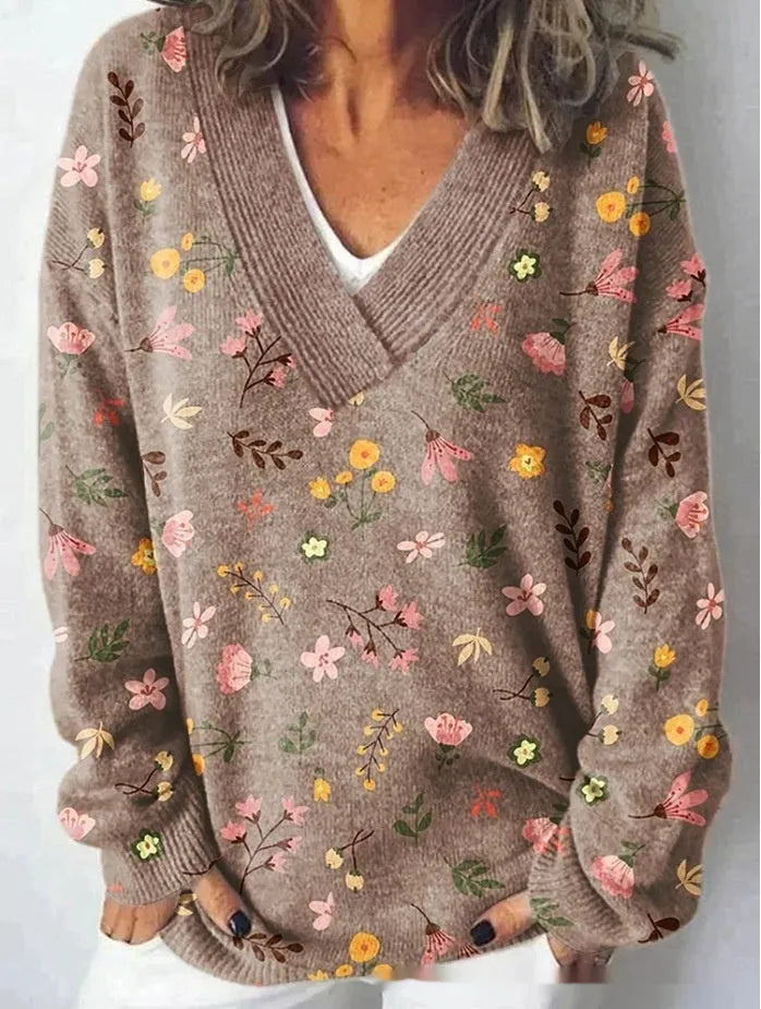 Women's long sleeve V-neck sweatshirt with a printed 3D floral pattern in retro style.