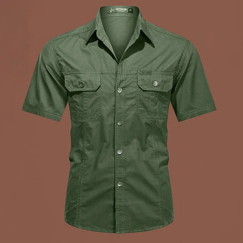 Men's short sleeve cotton work shirt in loose fit available in army green, beige, black, dark blue and other colours