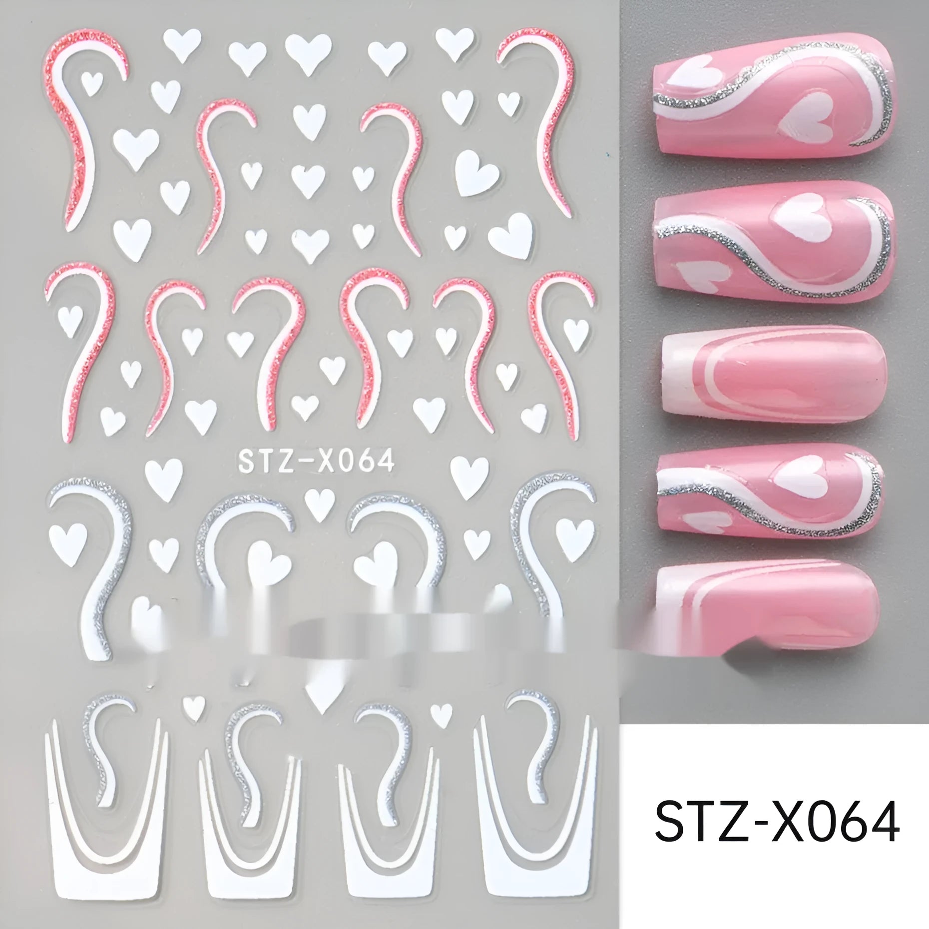 Close-up of a cartoon-style nail sticker with black and silver strips and a love pattern design on a fingernail.