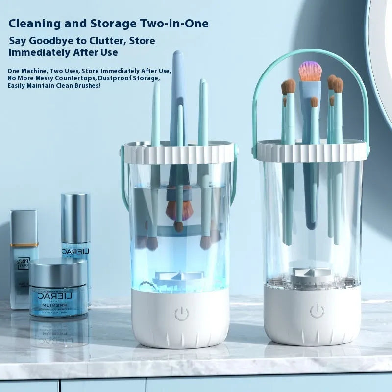 White rechargeable electric cleaning brush for makeup tools with USB-C charging cable
