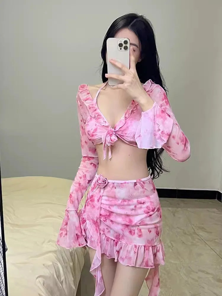 Women's floral bikini swimsuit set in cherry blossom pink colour