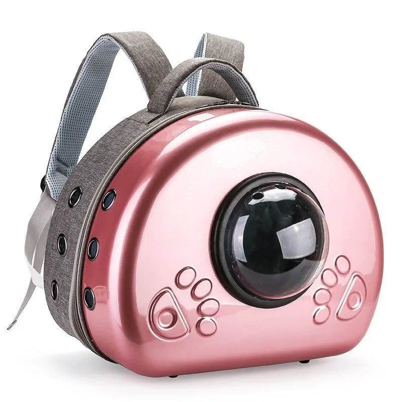 Transparent PC canvas cat carrier bag in space capsule shape with rose gold front cover.