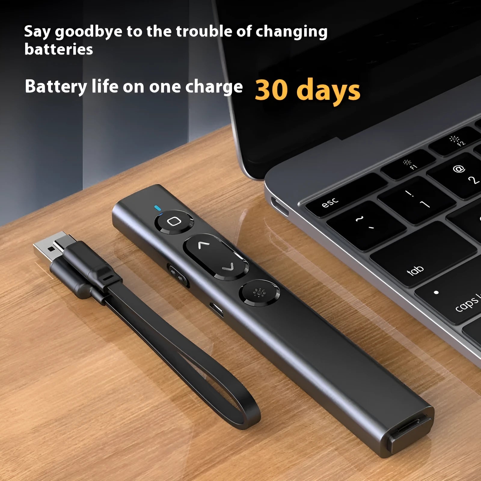 Black, white, and pink wireless presentation remote control pens with a USB receiver on a wooden desk.