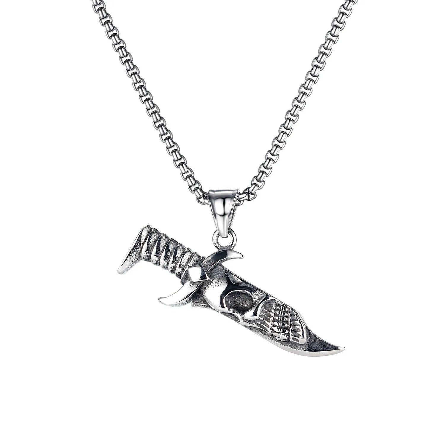 Men's silver skull necklace with stainless steel chain and alloy pendant