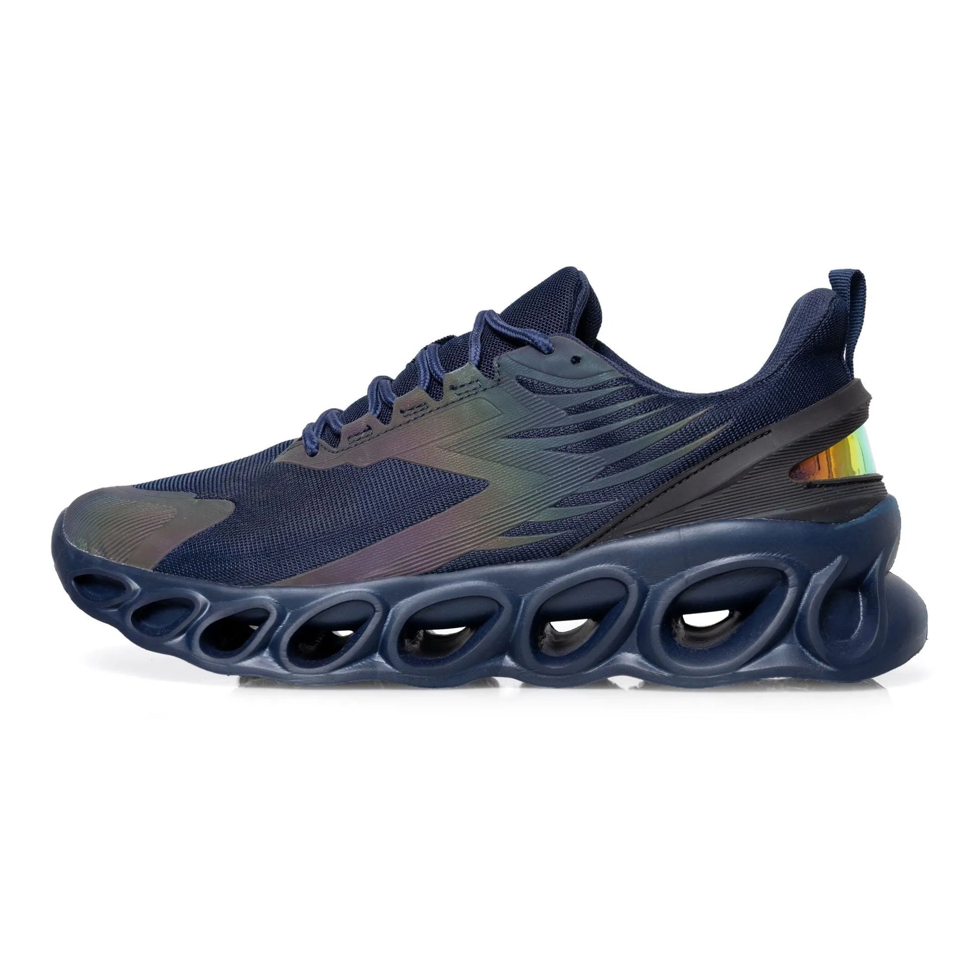 Men's casual lace-up sports shoes in black with breathable mesh upper and round toe.