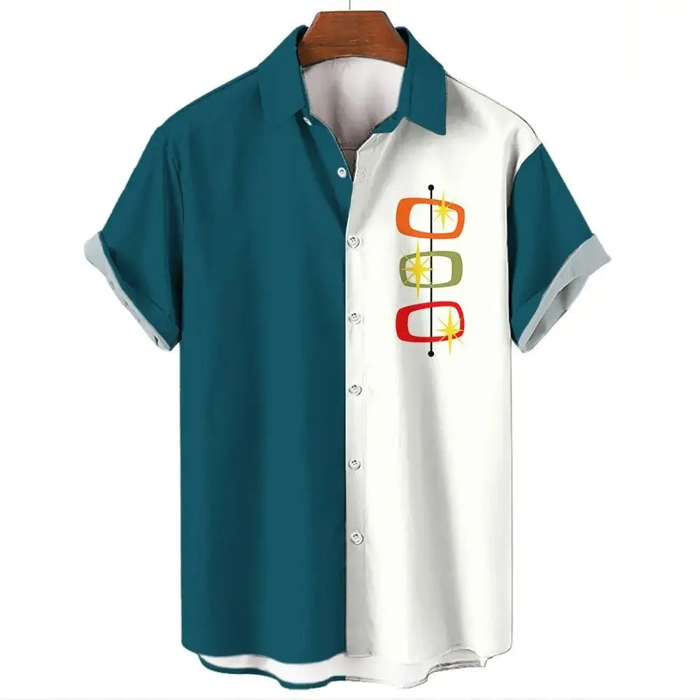 Men's striped Hawaiian shirt with short sleeves and button-up front