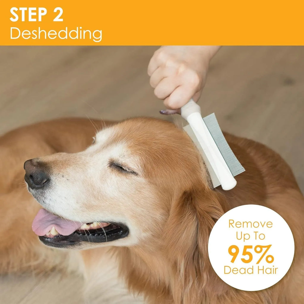 White double-sided dog and cat deshedding brush with curved comb and ergonomic anti-slip handle