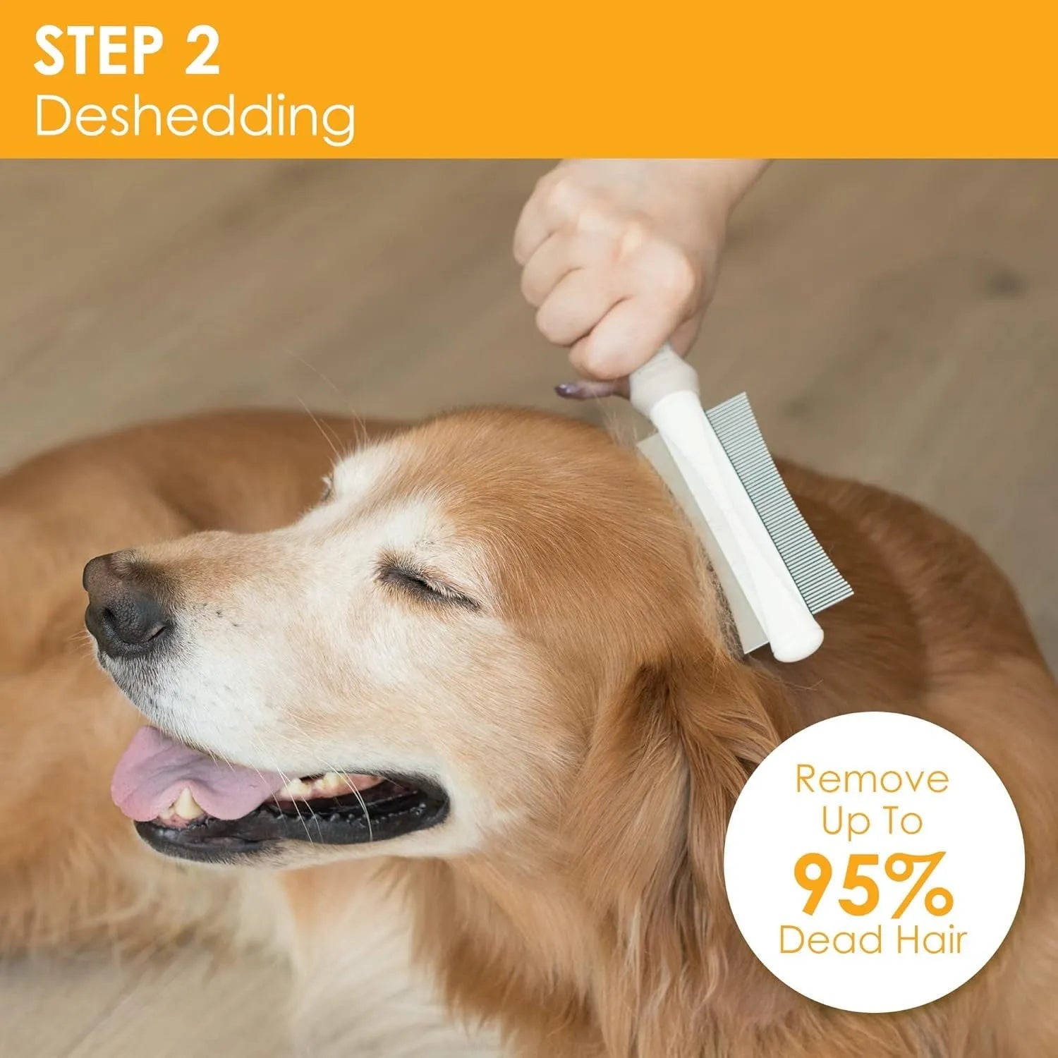 White double-sided dog and cat deshedding brush with curved comb and ergonomic anti-slip handle