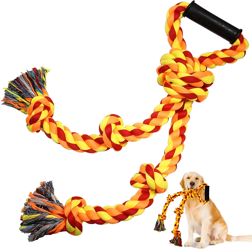 Blue and yellow woven cotton rope dog tug toy with a handle, shown next to a large dog.