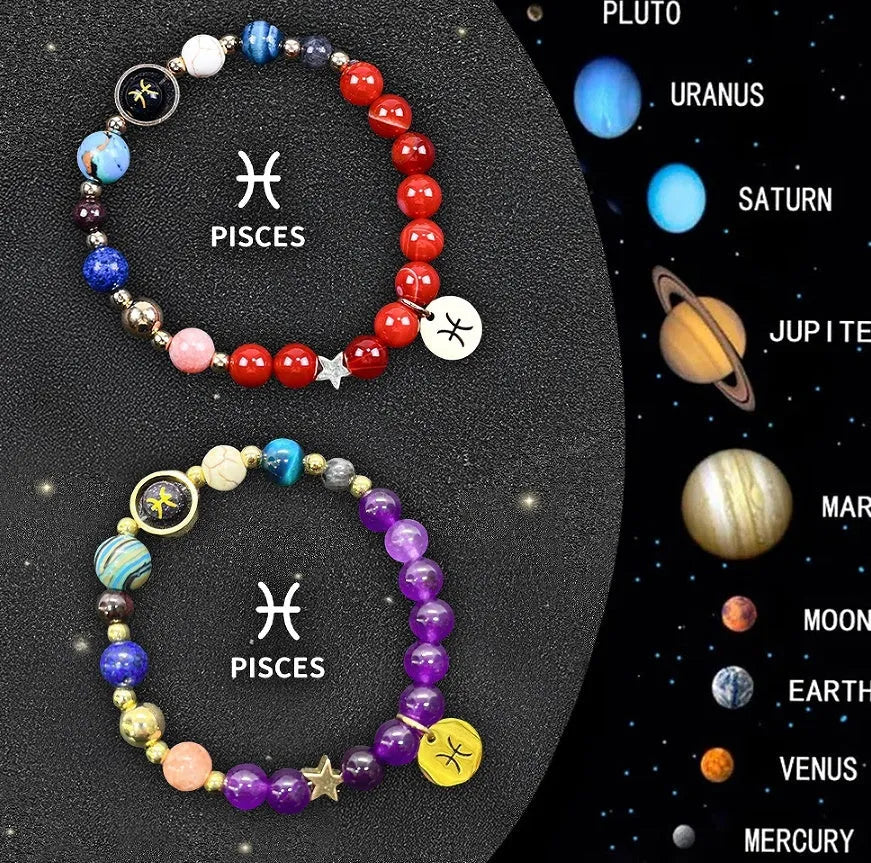 Two natural stone beaded bracelets with zodiac charms on a stretch elastic cord