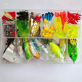 142-piece fishing lure kit with hard minnow lures, sequins, fishhooks, and metal fishing pliers laid out.