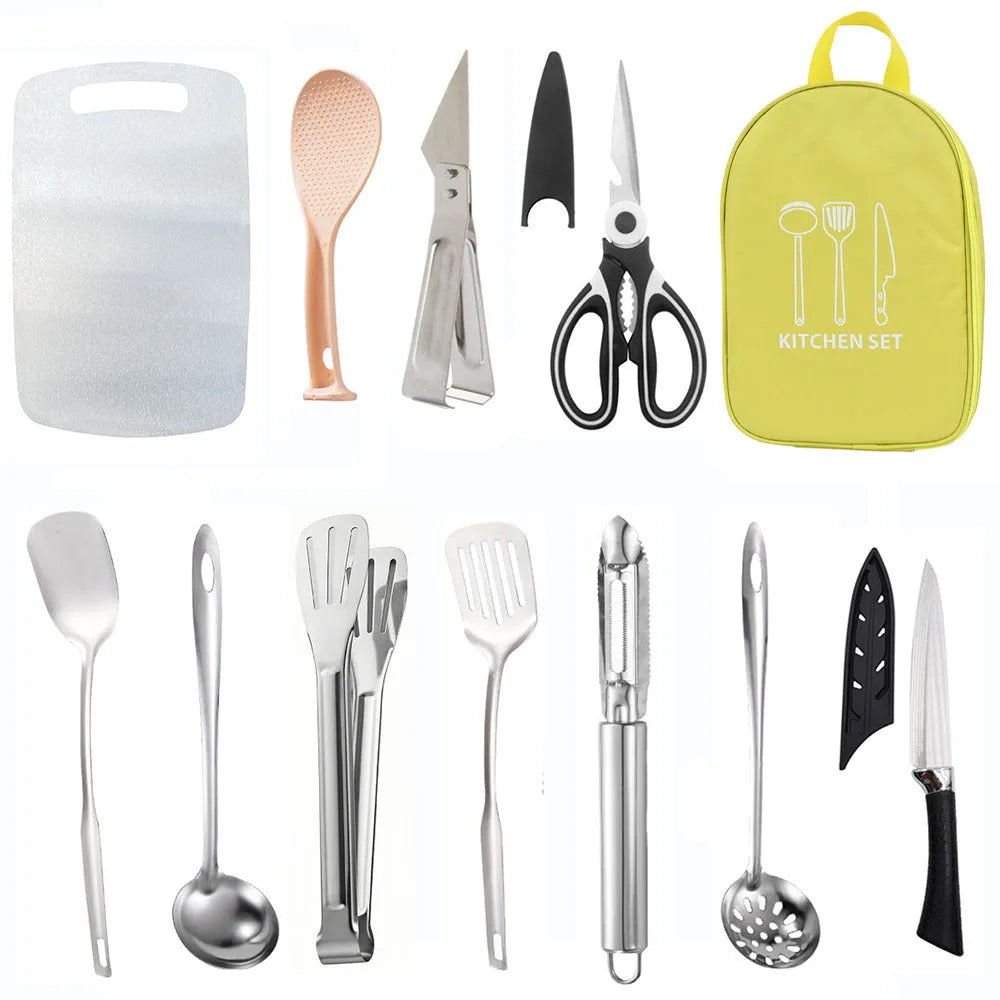 Khaki portable storage bag containing a 12-piece stainless steel picnic cutlery set.