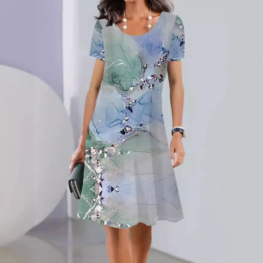 Floral print ice silk mid-length summer dress with short sleeves and round neck
