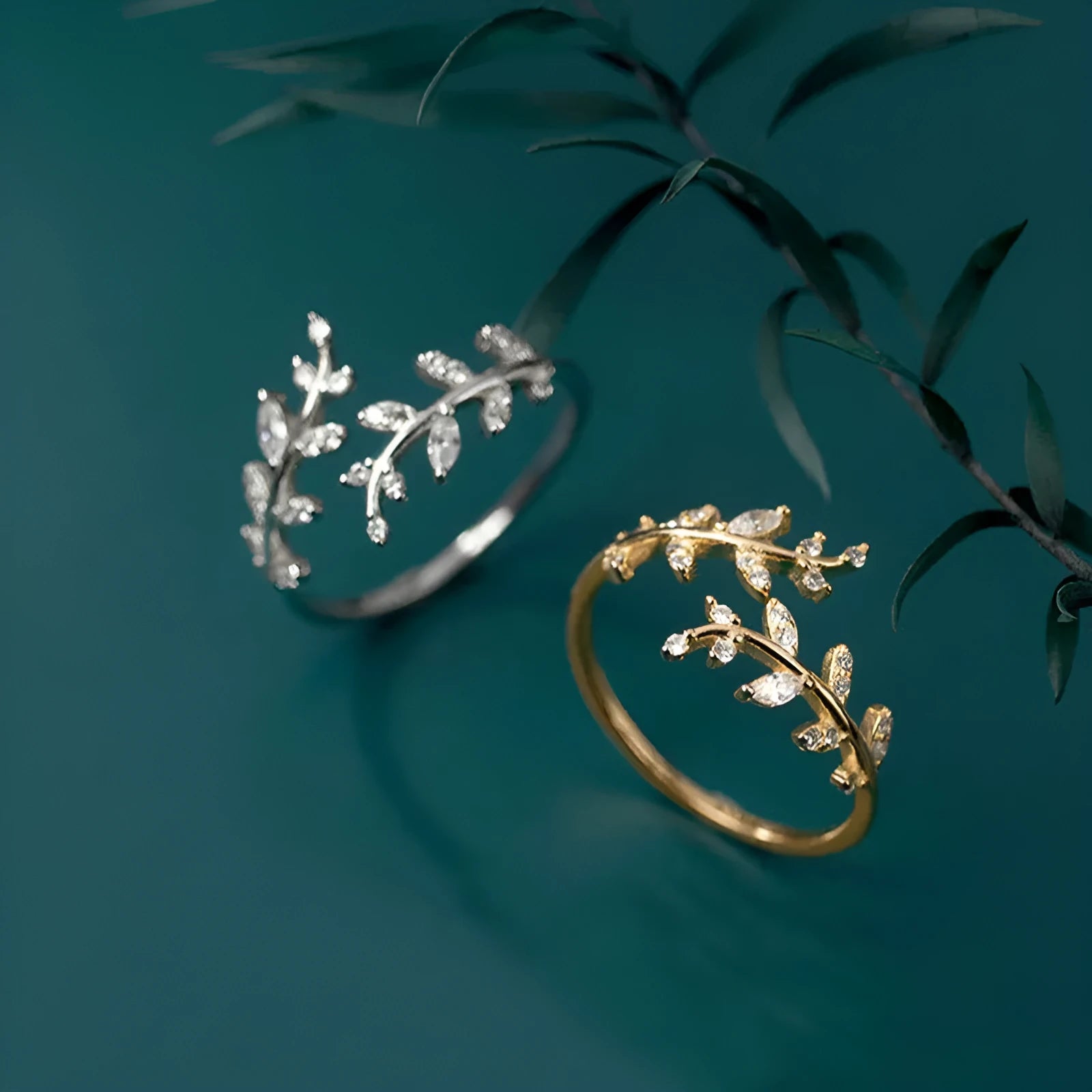 Women's copper branch leaf ring with geometric design in gold or silver electroplated finish