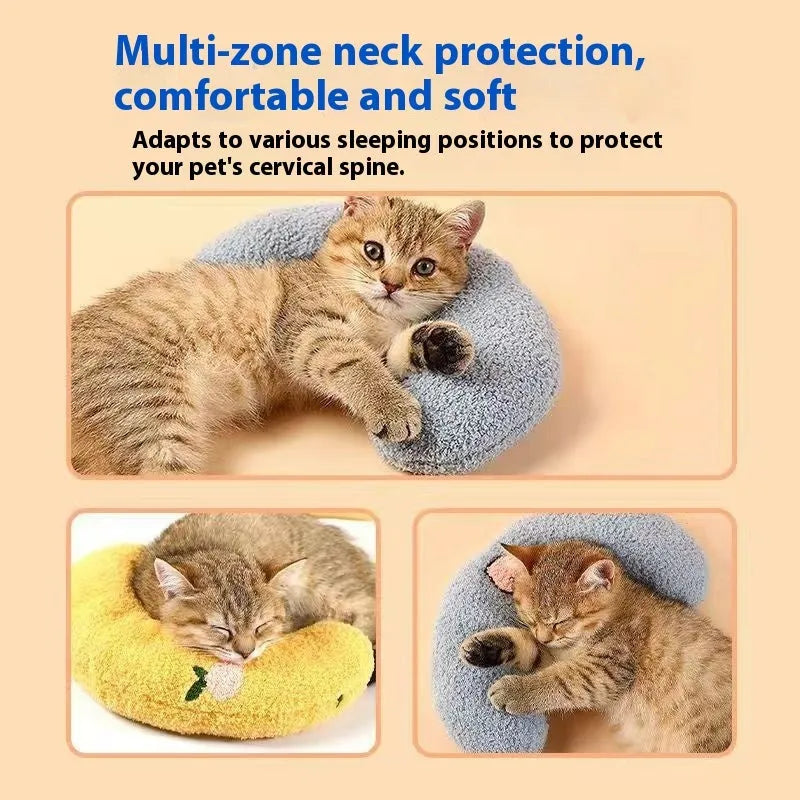 Blue cat sleeping mat with a U-shaped question mark pillow for neck support