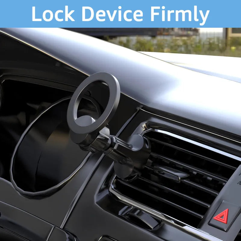 Black magnetic car phone holder with O-ring bracket for air vent mounting