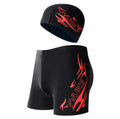 Men's plus size polyester swimming trunks with blue flame pattern on black background, boxer style with briefs cut