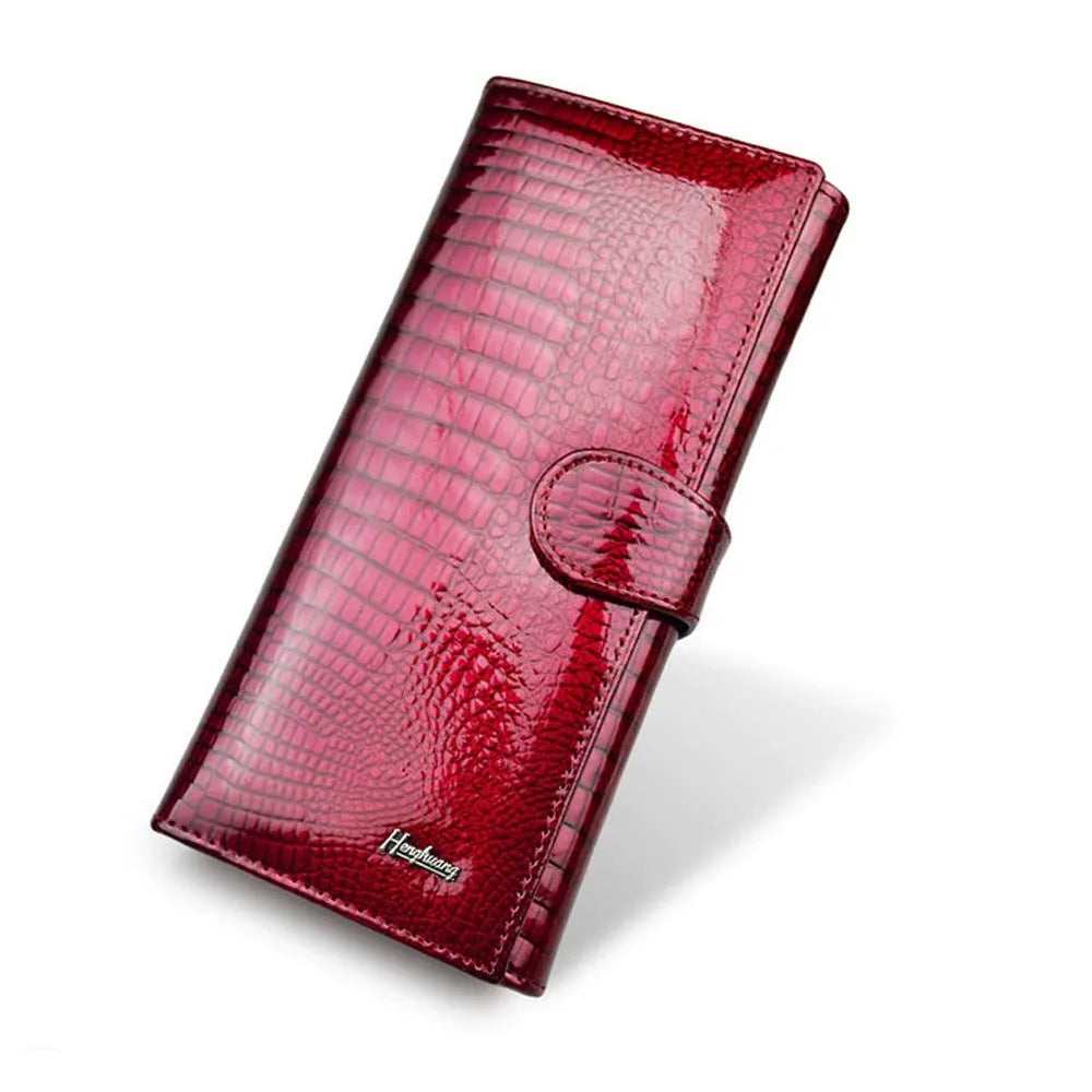 Women's patent leather coin purse with crocodile pattern in red, black, or wine red colours