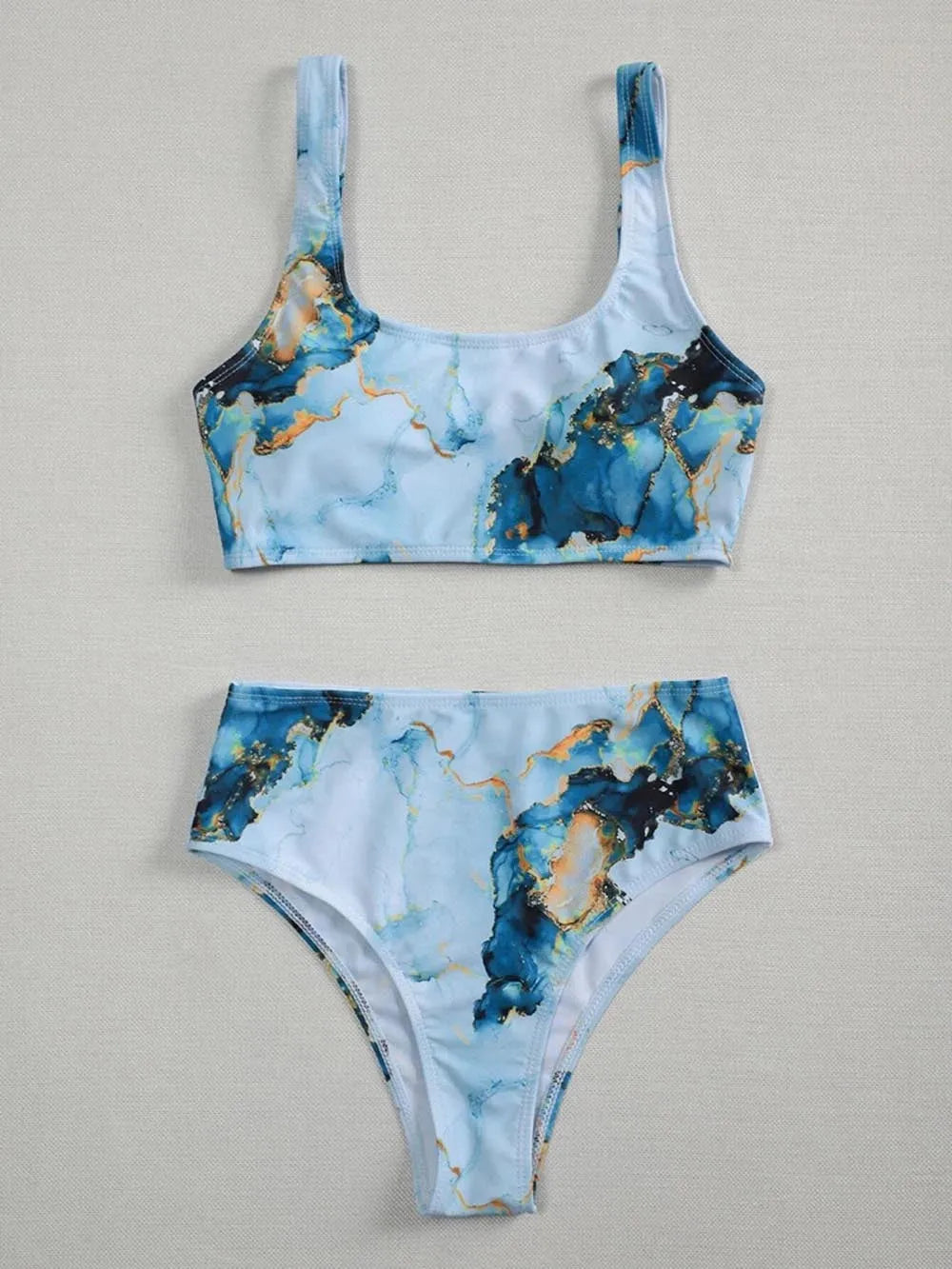 Women's marble tie-dye high-waist bikini with U-neck top for swimming.