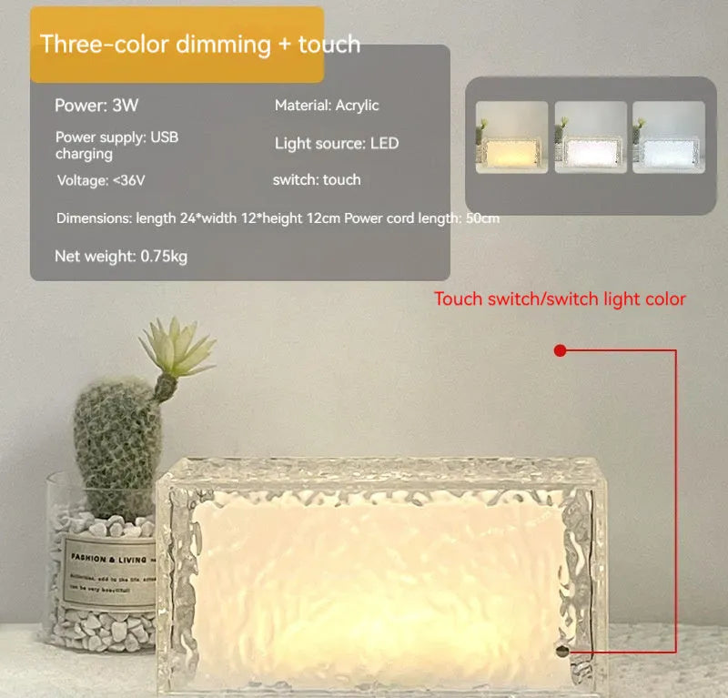 Small white acrylic cube night lamp with geometric design and coloured LED lighting