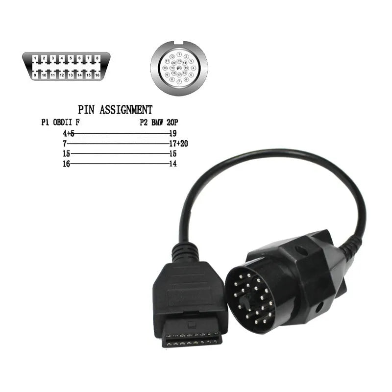 BMW OBD2 diagnostic adapter cable converting 20-pin connector to standard 16-pin OBD2 plug