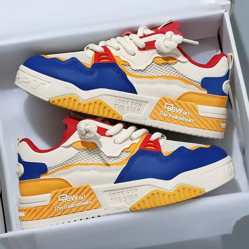 Men's white and yellow low-top board shoes with colour matching pattern and rubber sole