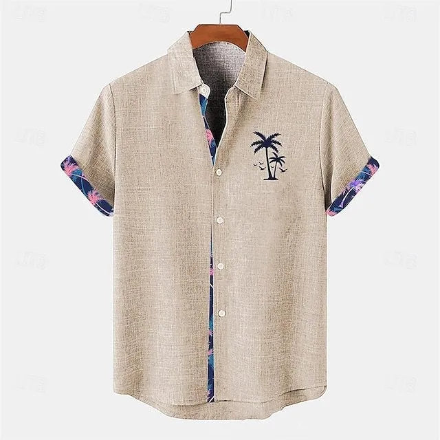 Linen short sleeve shirt with ocean fish pattern lapel in loose casual fit