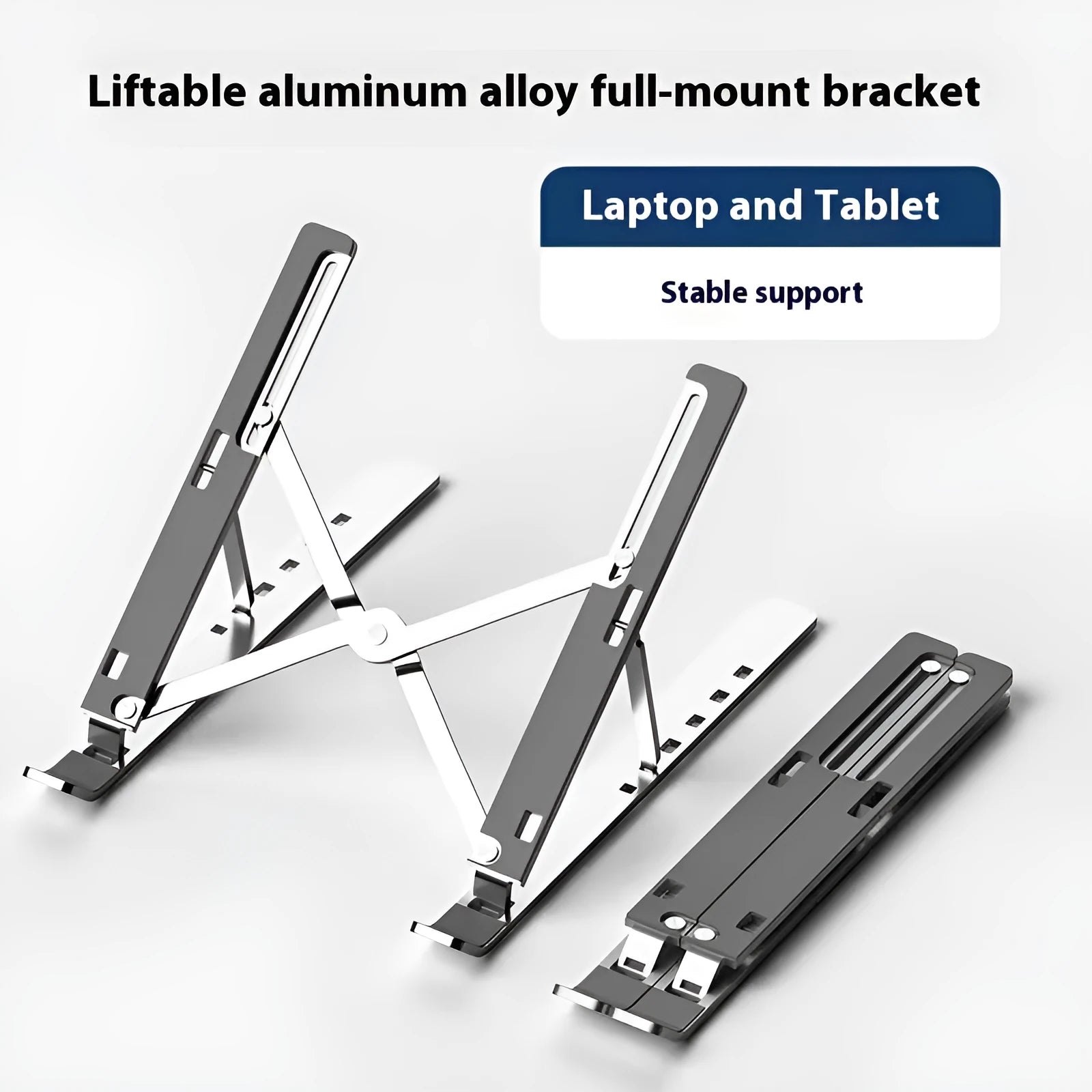 Silver aluminium folding laptop stand holding a laptop at an angle on a desk.