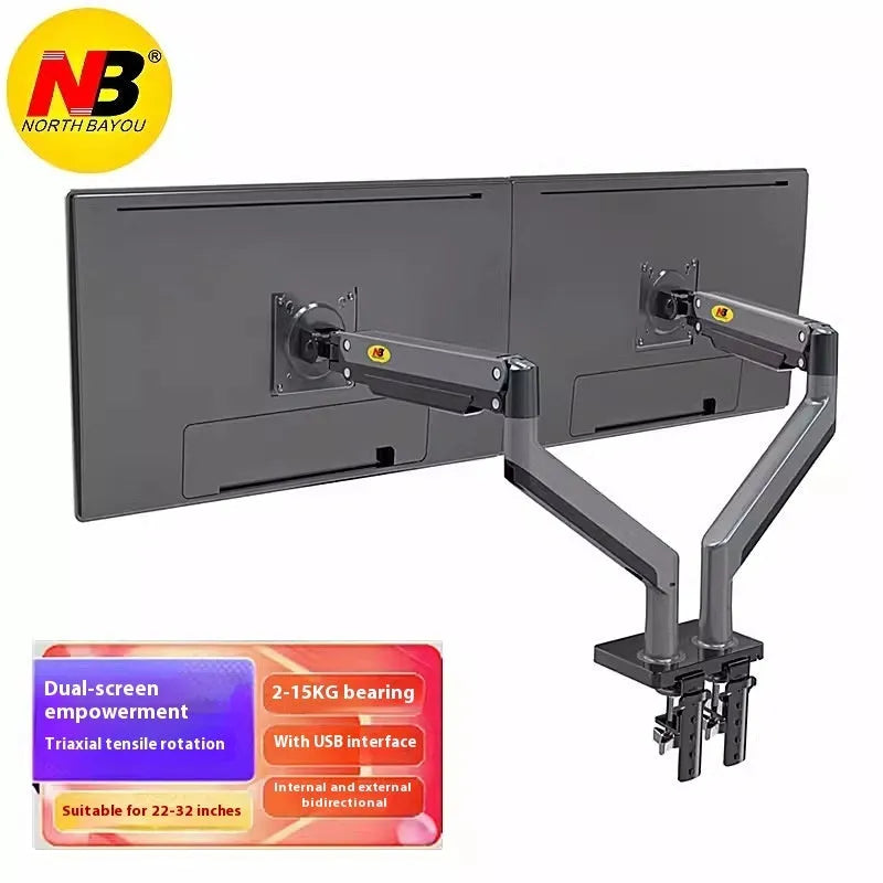Dual screen monitor arm bracket in aluminium alloy with mechanical height adjustment