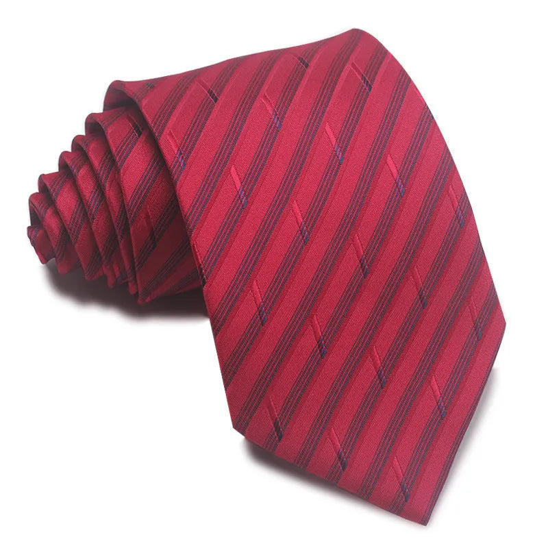 8CM wide polyester jacquard striped business tie in arrow style showing red, black, and blue colour options