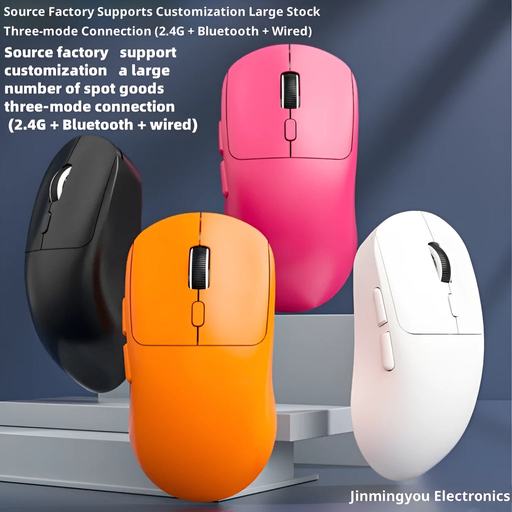 Three-mode wireless mouse in gradient grey white with self-charging USB port and quiet buttons
