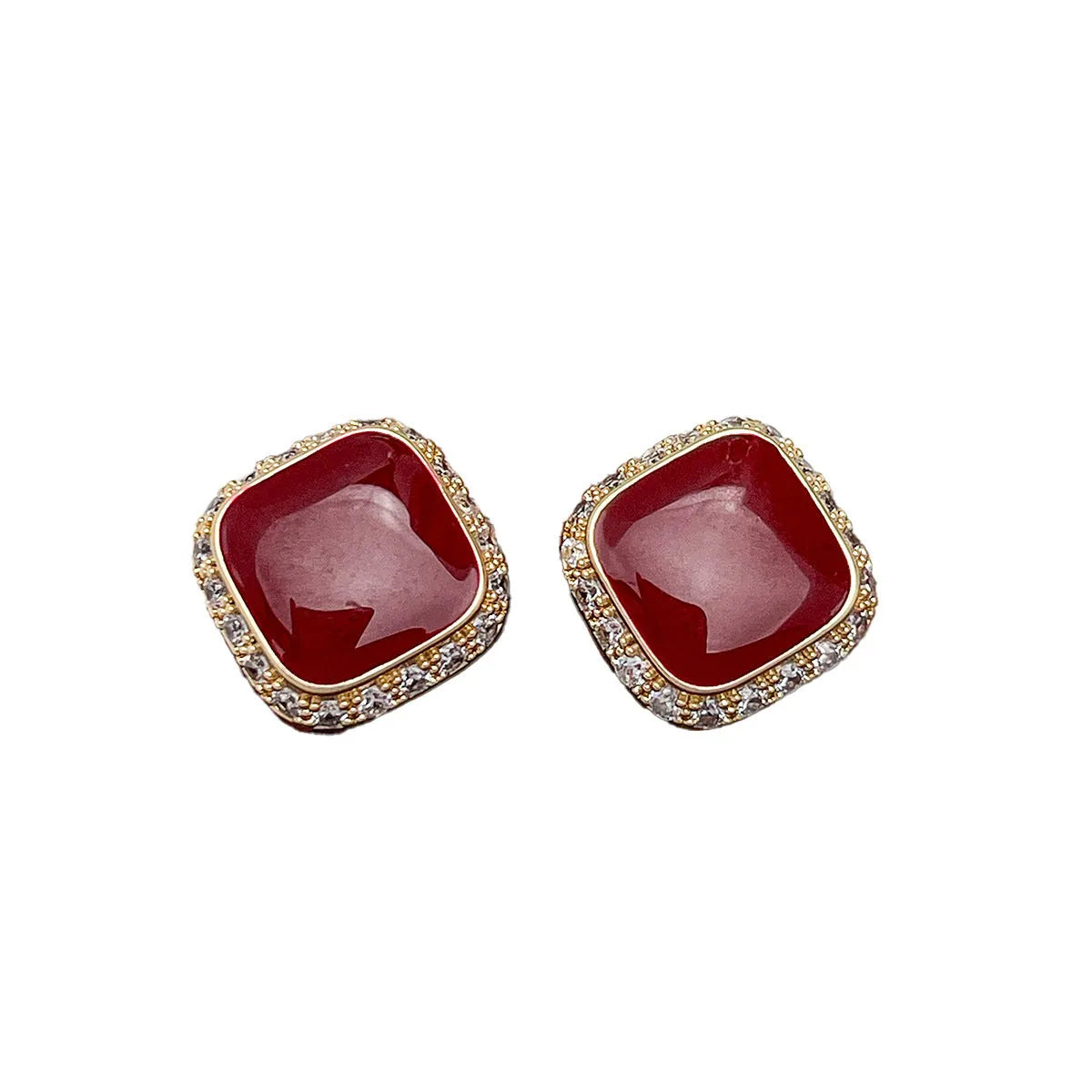 Red alloy square geometric plate earrings with inlaid design for women