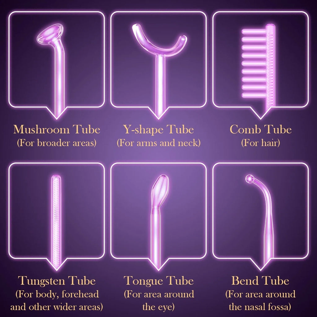 Purple high-frequency electrotherapy beauty instrument with six accessory heads for commercial treatments