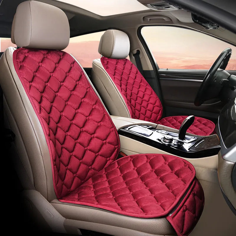 Cotton ringer plush car seat cushion in burgundy colour on car seat